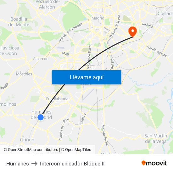 Humanes to Intercomunicador Bloque II map