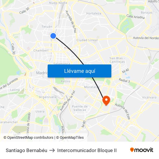 Santiago Bernabéu to Intercomunicador Bloque II map