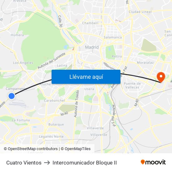 Cuatro Vientos to Intercomunicador Bloque II map