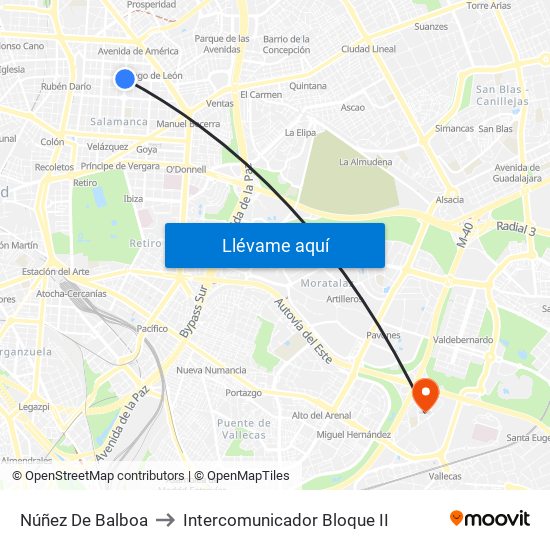 Núñez De Balboa to Intercomunicador Bloque II map