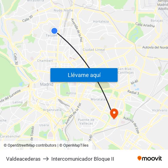 Valdeacederas to Intercomunicador Bloque II map