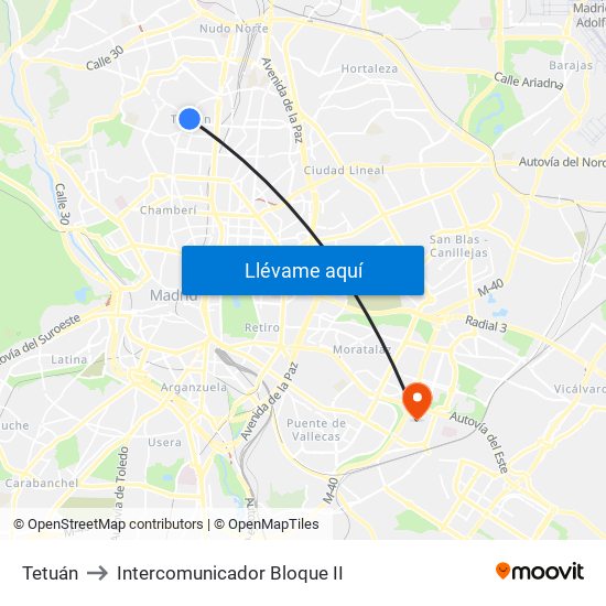 Tetuán to Intercomunicador Bloque II map