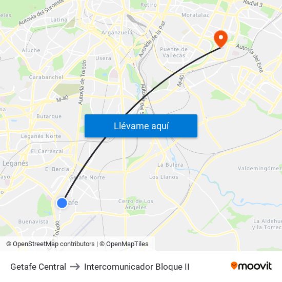 Getafe Central to Intercomunicador Bloque II map