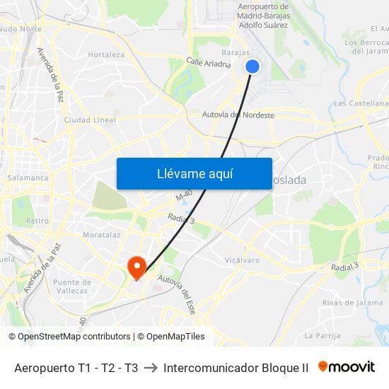 Aeropuerto T1 - T2 - T3 to Intercomunicador Bloque II map