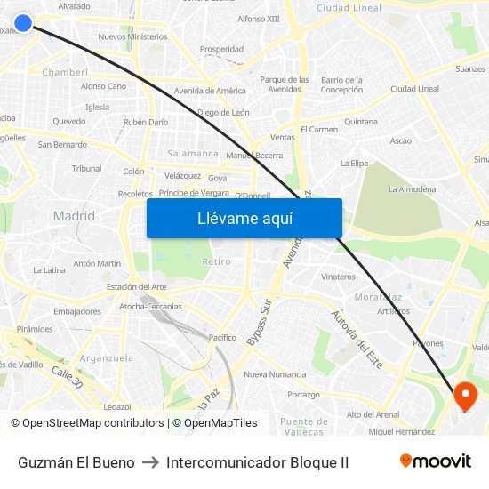 Guzmán El Bueno to Intercomunicador Bloque II map
