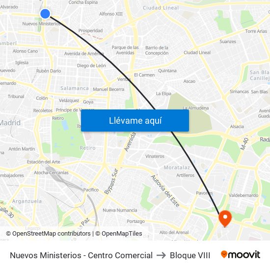 Nuevos Ministerios - Centro Comercial to Bloque VIII map