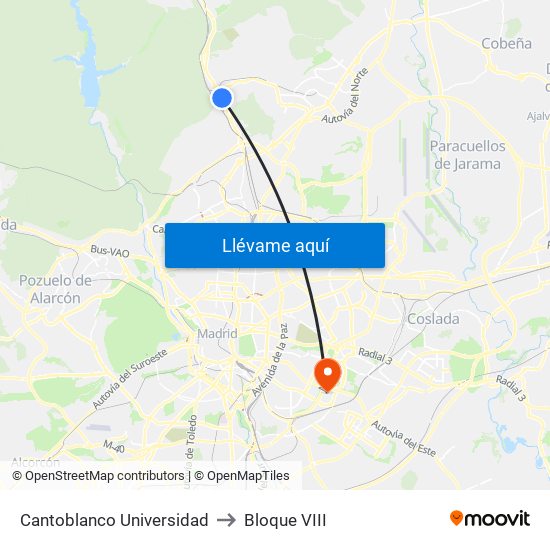 Cantoblanco Universidad to Bloque VIII map