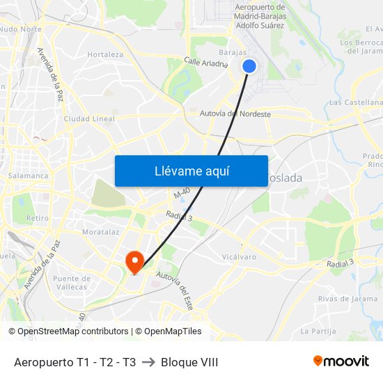 Aeropuerto T1 - T2 - T3 to Bloque VIII map