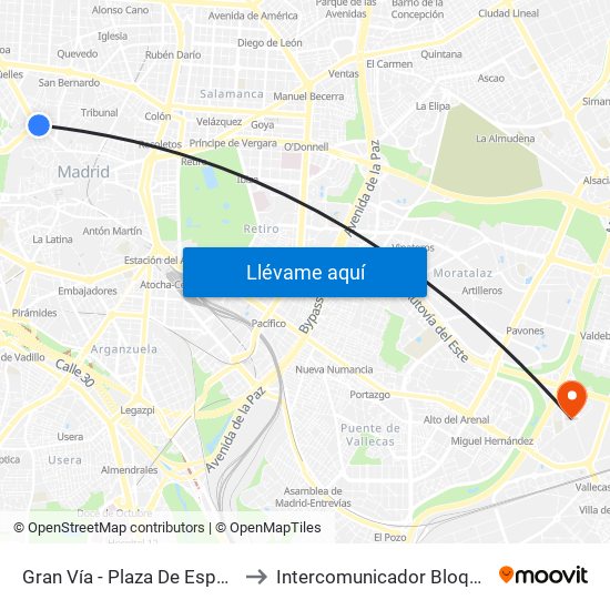 Gran Vía - Plaza De España to Intercomunicador Bloque I map