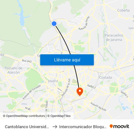 Cantoblanco Universidad to Intercomunicador Bloque I map