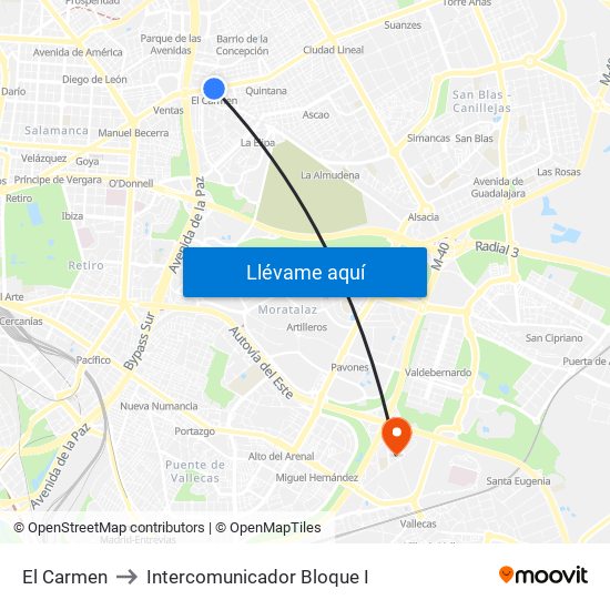 El Carmen to Intercomunicador Bloque I map