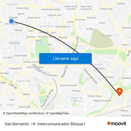 San Bernardo to Intercomunicador Bloque I map