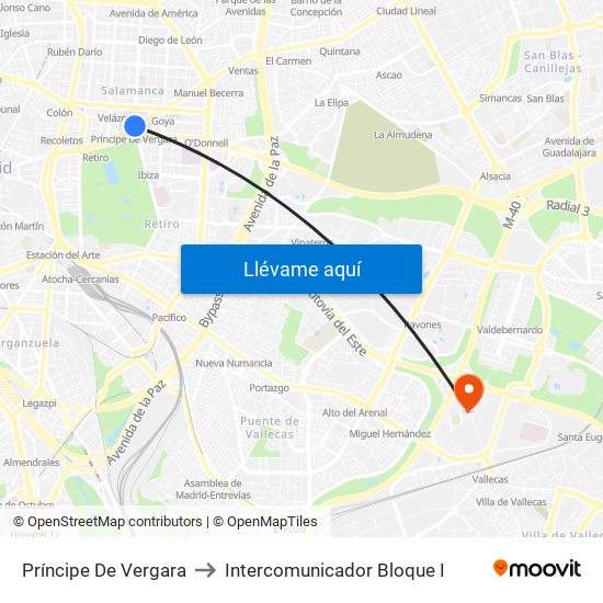 Príncipe De Vergara to Intercomunicador Bloque I map