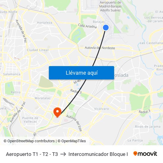 Aeropuerto T1 - T2 - T3 to Intercomunicador Bloque I map