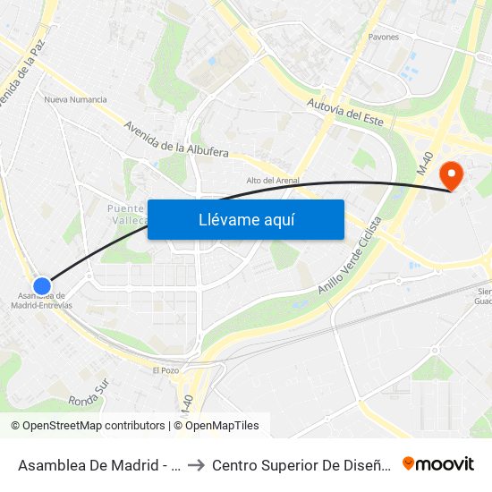 Asamblea De Madrid - Entrevías to Centro Superior De Diseño De Moda map