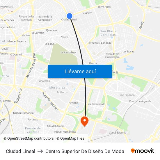Ciudad Lineal to Centro Superior De Diseño De Moda map