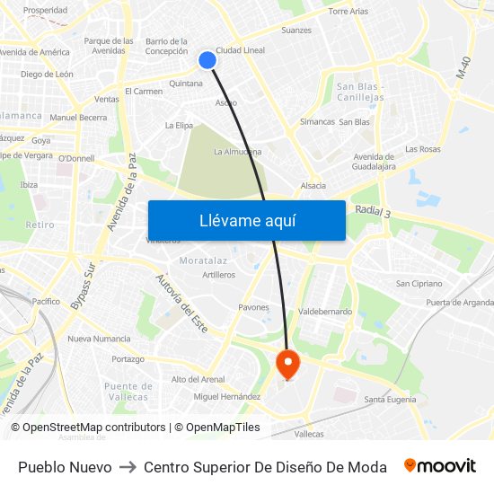 Pueblo Nuevo to Centro Superior De Diseño De Moda map
