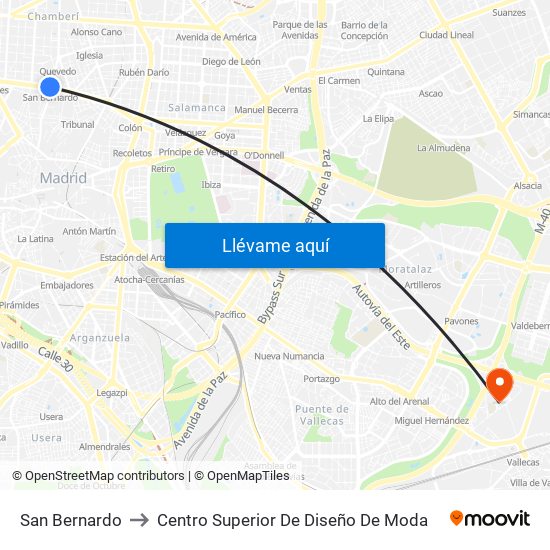 San Bernardo to Centro Superior De Diseño De Moda map