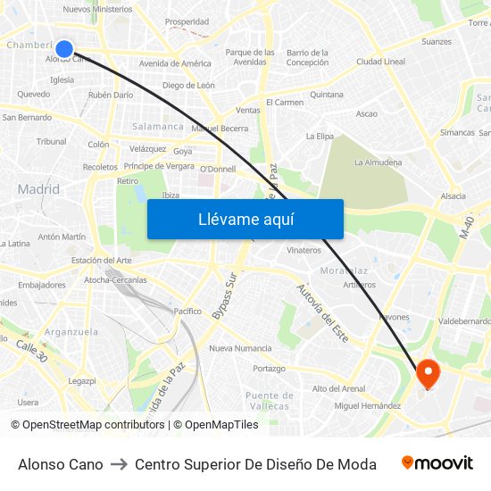 Alonso Cano to Centro Superior De Diseño De Moda map