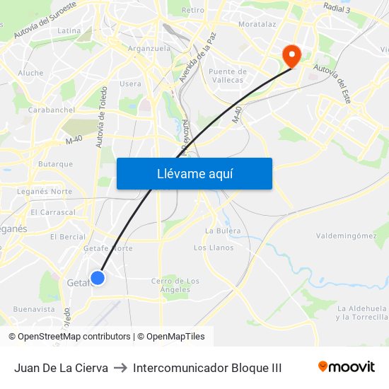 Juan De La Cierva to Intercomunicador Bloque III map