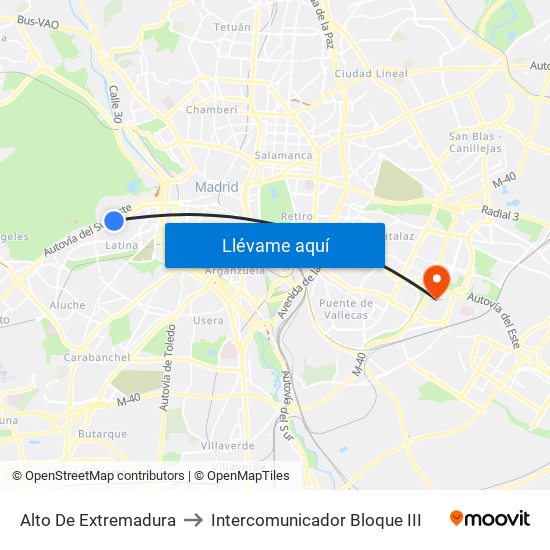 Alto De Extremadura to Intercomunicador Bloque III map