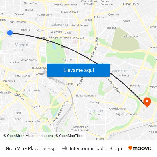 Gran Vía - Plaza De España to Intercomunicador Bloque III map