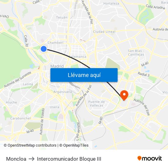 Moncloa to Intercomunicador Bloque III map