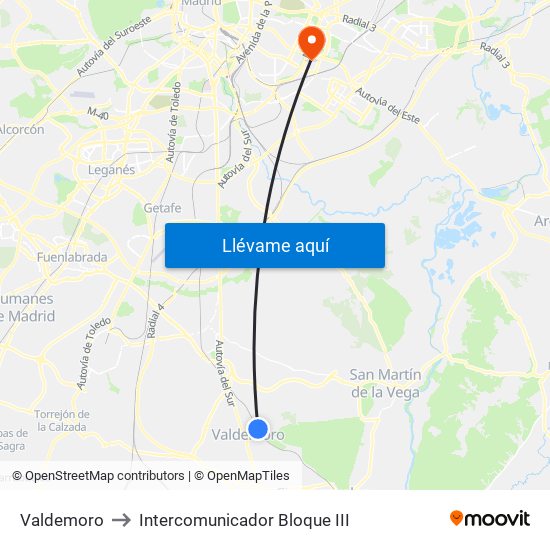 Valdemoro to Intercomunicador Bloque III map