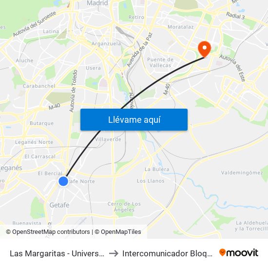 Las Margaritas - Universidad to Intercomunicador Bloque III map