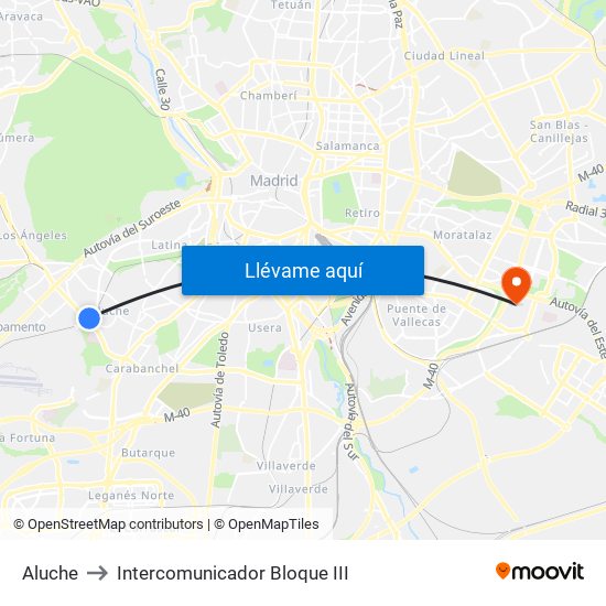 Aluche to Intercomunicador Bloque III map