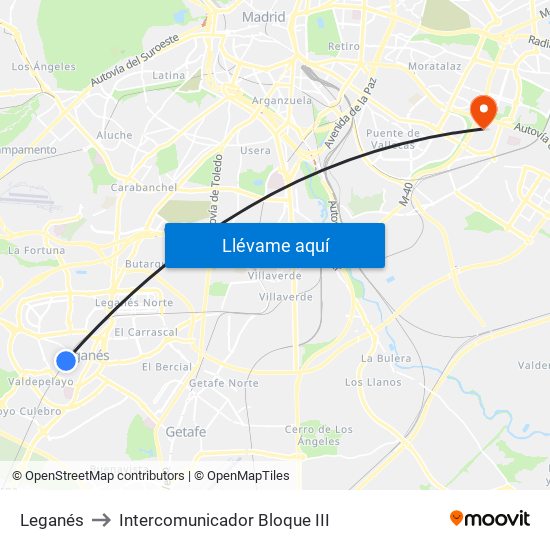 Leganés to Intercomunicador Bloque III map