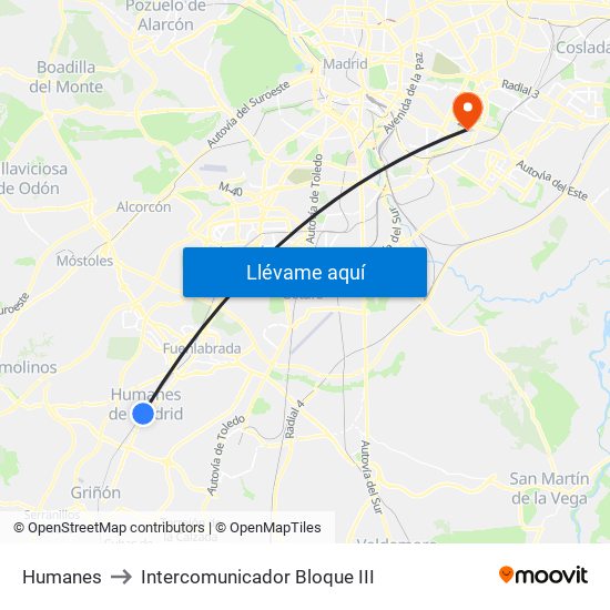 Humanes to Intercomunicador Bloque III map