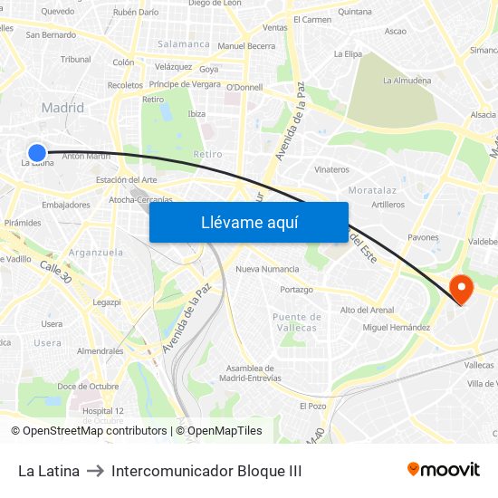 La Latina to Intercomunicador Bloque III map