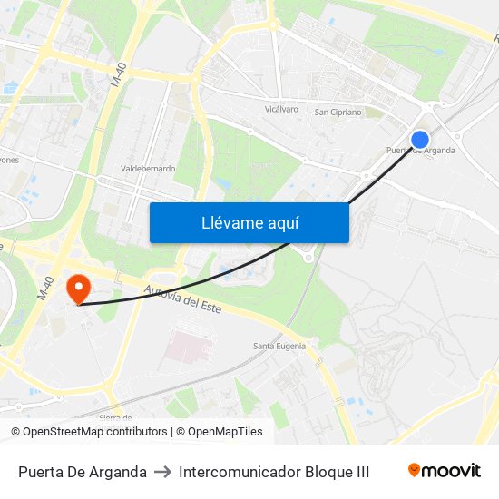 Puerta De Arganda to Intercomunicador Bloque III map