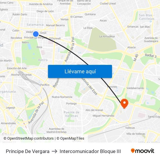 Príncipe De Vergara to Intercomunicador Bloque III map