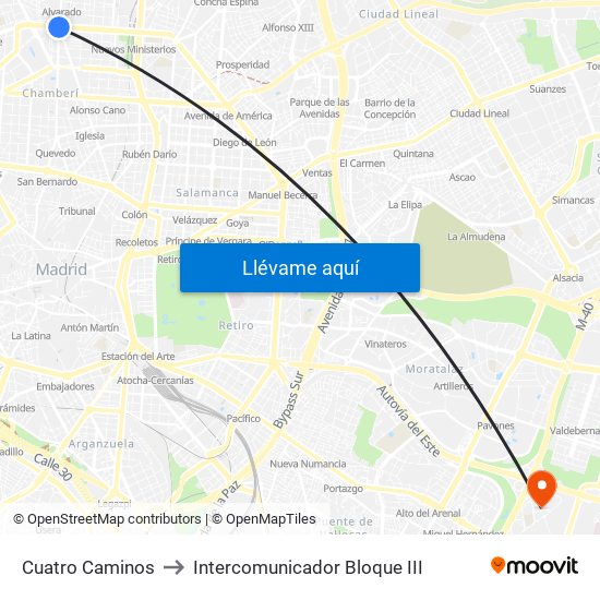 Cuatro Caminos to Intercomunicador Bloque III map