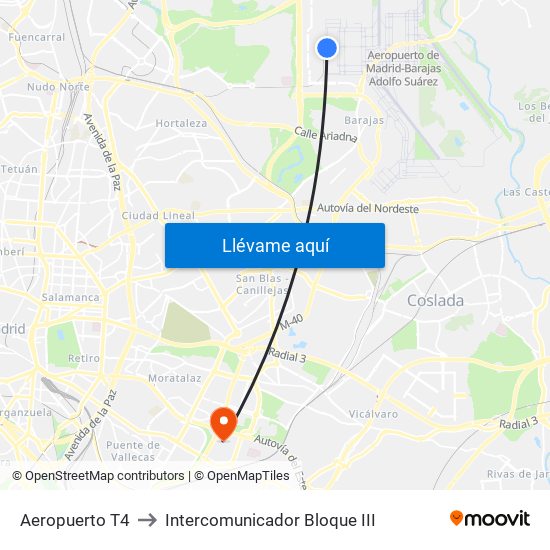 Aeropuerto T4 to Intercomunicador Bloque III map