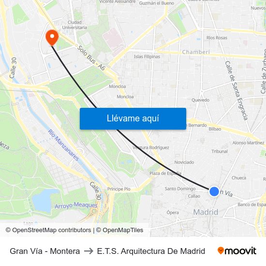 Gran Vía - Montera to E.T.S. Arquitectura De Madrid map
