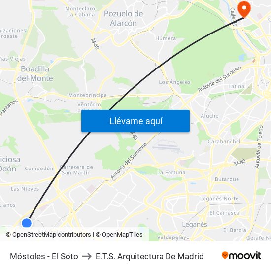 Móstoles - El Soto to E.T.S. Arquitectura De Madrid map