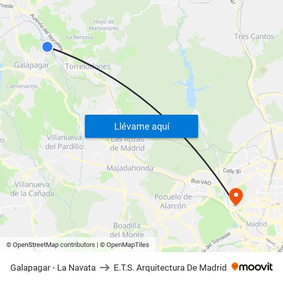Galapagar - La Navata to E.T.S. Arquitectura De Madrid map