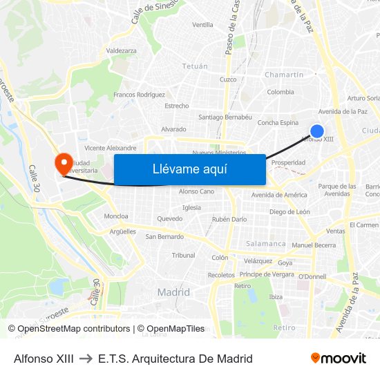 Alfonso XIII to E.T.S. Arquitectura De Madrid map