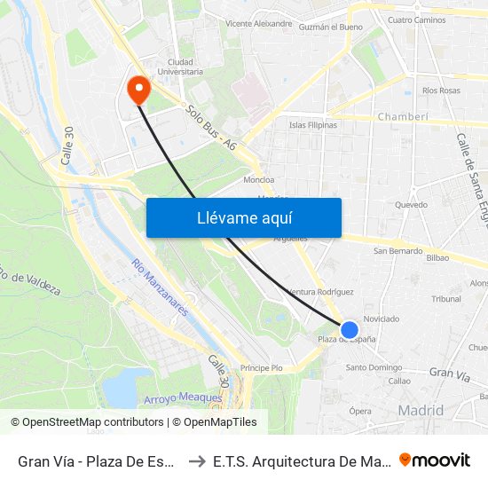 Gran Vía - Plaza De España to E.T.S. Arquitectura De Madrid map