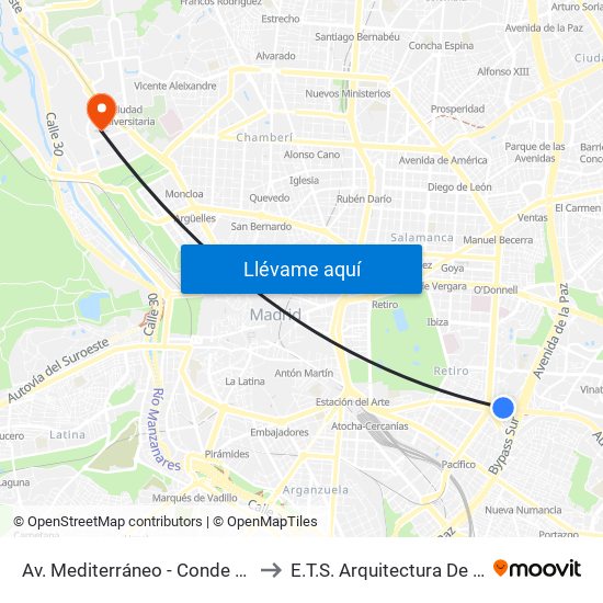 Av. Mediterráneo - Conde De Casal to E.T.S. Arquitectura De Madrid map