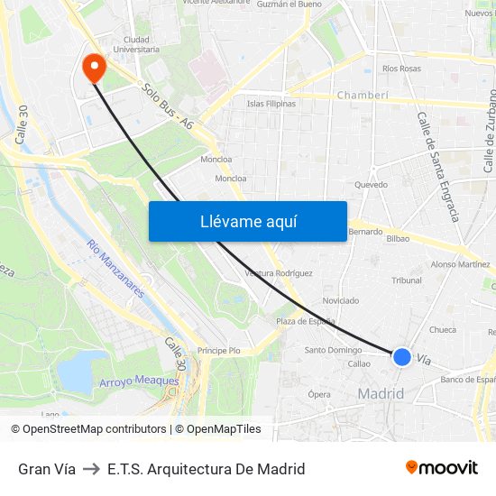Gran Vía to E.T.S. Arquitectura De Madrid map