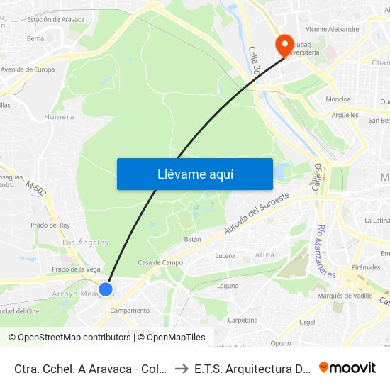 Ctra. Cchel. A Aravaca - Colonia Jardín to E.T.S. Arquitectura De Madrid map