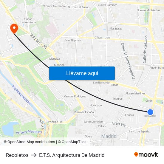 Recoletos to E.T.S. Arquitectura De Madrid map