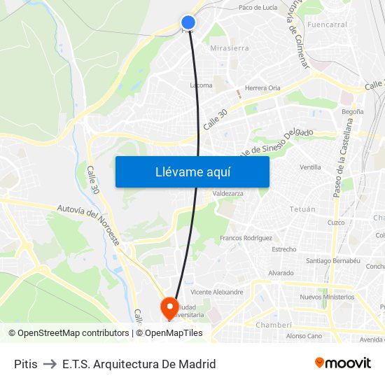 Pitis to E.T.S. Arquitectura De Madrid map