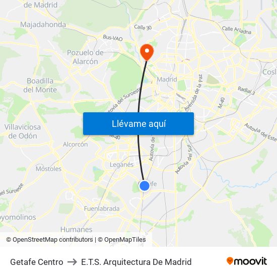 Getafe Centro to E.T.S. Arquitectura De Madrid map