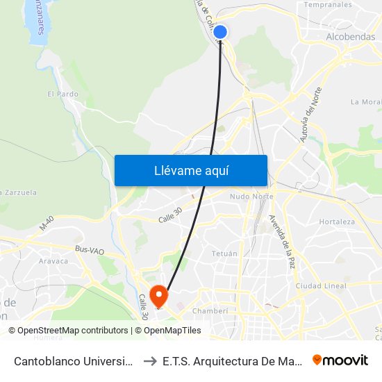 Cantoblanco Universidad to E.T.S. Arquitectura De Madrid map