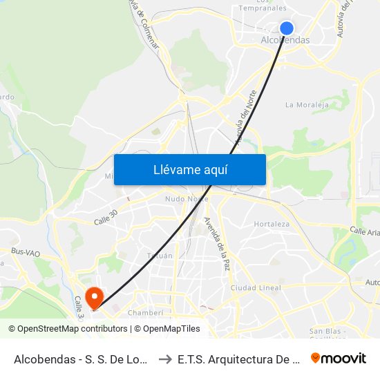 Alcobendas - S. S. De Los Reyes to E.T.S. Arquitectura De Madrid map